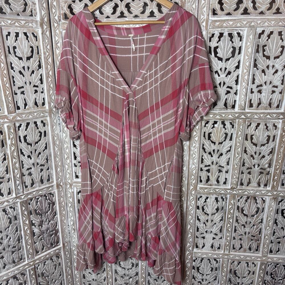 Free People Agnes plaid mini dress Charming Ruffled Boho Billowy pink beige L
